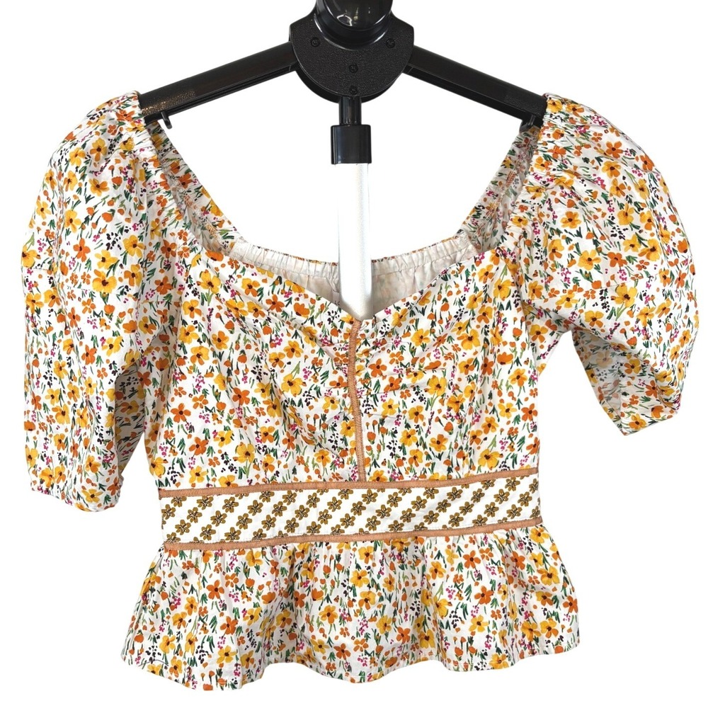 Lost + Wander Yellow Floral Puff Sleeve Peplum Top Sweetheart Neck NWT